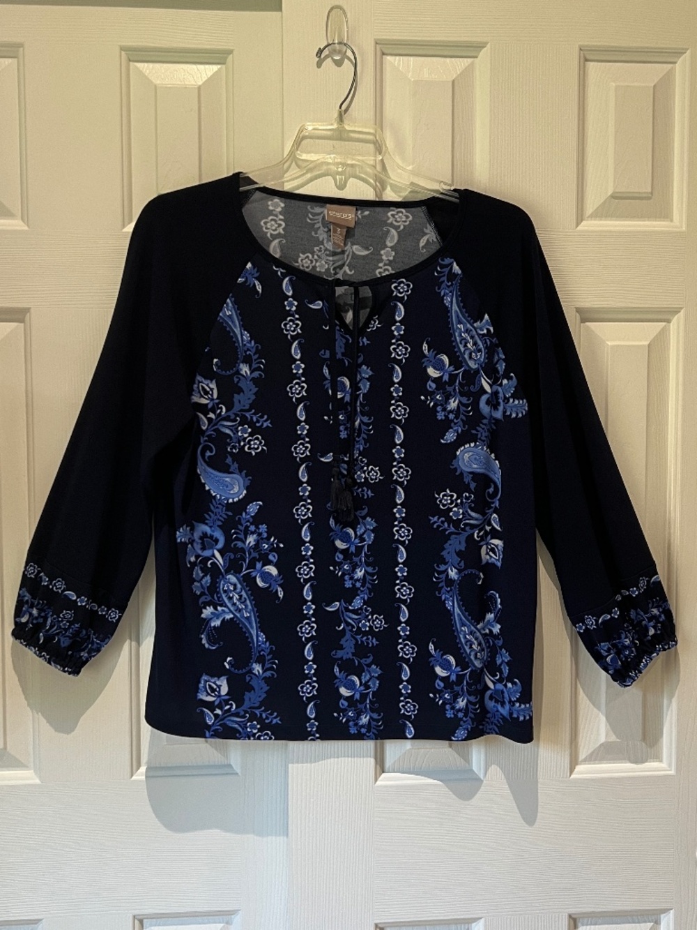 Chico Tunic Top Sz 3  XL Navy Blue Floral Tie Neck Pullover Long Sleeves Elastic